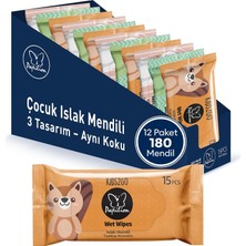 Happy Trend KIDS2GO Seyahat El Temizleme Mendilleri, 12'li Paket (Toplam 180 Adet), Çocuklar Için Nazik El Temizleme Mendilleri, Okul, Geziler, Kamp Için Yeniden Kapatılabilir Paketler