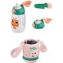 Happy Trend 480ML Kılıflı 2 Ayrı Kapaklı Pipetli/pipetsiz Tritan Çocuk Su Matarası Yavruağzı-Yeşil
