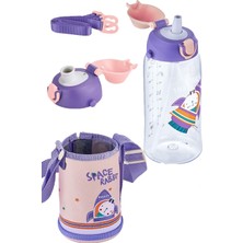 Happy Trend 700 ml -Büyük Boy-Kılıflı 2 Ayrı Kapaklı Pipetli/pipetsiz Tritan Su Matarası Pembe