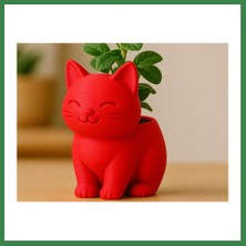 Bezos 3D Baskı Sevimli Kedi Saksı - Figürlü Sukulent Saksısı-Kırmızı BEZOS16