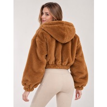 Peluş Oversize Crop Kadın Kapüşonlu Mont