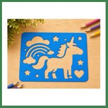 Bezos 3D Baskı Unicorn ve Gökkuşağı Çizim Şablonu - Desen Kalıbı - Mavi BEZOS16