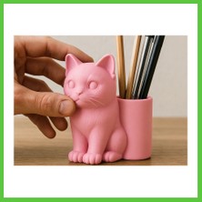 Bezos 3D Baskı Kedi Figürlü Kalemlik - Masaüstü Organizer - Pembe Vengners