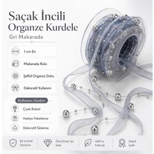 Mutkin 4,5 mt Gri Organze Inci Kurdela | 3 mm Saten Kurdelalı Misinalı Inci Şerit | Yapay Çiçek, Nikah, Düğün, Doğum Günü ve Organizasyon Süsleme Malzemesi