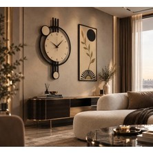 Nera Tasarım Modern Duvar Saati ve Dekoratif Tablo Seti Antrasit  Bej Gold Salon Duvar Dekoru Ev Dekorasyonu
