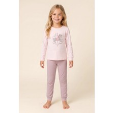 Baykar Kız Çocuk Pamuklu Bisiklet Yaka Işıltılı At Baskılı Uzun Kollu Pijama Takımı 9272 Pembe