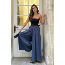 Nana & Mayka Moda Kadın Indigo Mavi Modal Yüksek Bel Bol Paça Kemerli Pantolon Etek