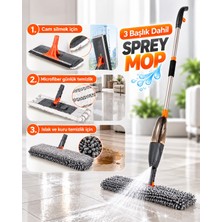 Cleova Sprey Mop 3 Başlıklı Set – Cam Silme, Mikrofiber ve Chenille Başlık, Su Püskürtmeli Yer Temizleme Mop