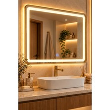 Le Paon Dikdörtgen LED Işıklı Ayna 70X50 cm 3 Işık Modlu Dokunmatik Altın Çerçeveli Banyo Aynası