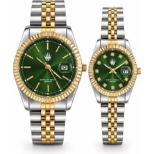 Watch of Royal Çift Saati Crest Line Silver Gold Yeşil Kol Saati