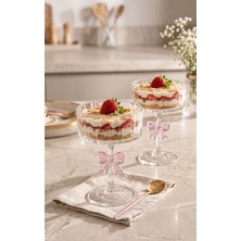 Le Paon 2 Li Pembe Fiyonklu Ayaklı Cam Sunumluk & Tatlı Kasesi - 17 cm Pembe Detaylı Şık Dondurmalık ve Kup Seti
