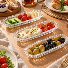 Le Paon 3'lü Cam Çerezlik Kayık Tabak Seti 19 cm Oval Kahvaltılık Zeytinlik Sunum Tabağı