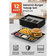 GuvenliPazar 12 Adet Melamin Burger Tabağı 27X23 cm Bölmeli Hamburger Patates Tabağı Makinede Yıkanabilir Siyah
