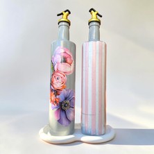 Mes Reves 750 ml Büyük Boy El Yapımı Cam Yağdanlık Sirkelik 2'li Set – Çiçek Desenli ve Çizgili Dekoratif Zeytinyağı Şişesi – Modern Mutfak Aksesuarı