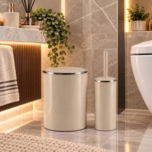 Primanova Lenox Bej Banyo Seti Plastik Malzemeden Modern Tasarımlı 2'li Set Çöp Kovası ve Tuvalet Fırçası