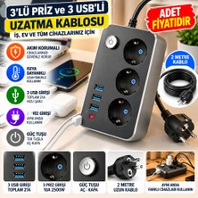 Eseno Select Isıya Dayanıklı Termal Akım Korumalı 2 mt 10A 2500W 3lü Priz ve 3 Usbi 21A Uzatma Kablosu (Ade