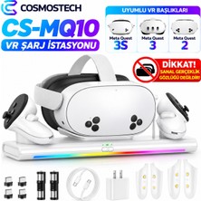 Cosmostech CS-MQ10 Meta Quest 3s / 3 ve 2 Modelleri ile Uyumlu Rgb LED Şarj Istasyonu – Vr Gözlük ve Çift Kontrolcü Şarj Standı, Manyetik Bağlantılı Charging Dock Beyaz