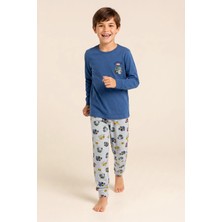 Baykar Erkek Çocuk Pamuklu Bisiklet Yaka Araba Baskılı Uzun Kollu Pijama Takımı 9666 Mavi