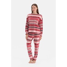 Dagi Kırmızı Baskılı Kadife Tişört Pantolon Pijama Takımı