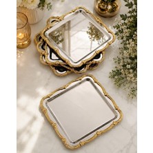 Parla Decor Paslanmaz Çelik 2 Li Kare Gold Çiçek Desenli Sunum Tabağı, Kahve Tepsisi Çok Amaçlı Sunumluk