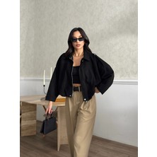 Moda Durağı Süet Fermuarlı Düşük Omuz Bomber Ceket Siyah