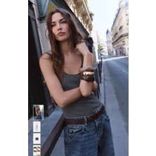 Rhea Jewelry Zra Mngo Model 3'lü Kombin Bilezik Seti Altın Renk Metal ve Kahve Kemik Efektli Geniş Bileklik