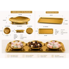 Parla Decor Paslanmaz Çelik Gold Dikdörtgen Tepsi & 3 Lü Darbeli Lokumluk, Sosluk, Kahvaltılık Çok Amaçlı Dekoratif Sunum Seti