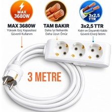 ARYES 3’lü 3 Metre Uzatma Kablosu 3x2,5 Ttr Tam Bakır Kalın Kablo 3680W Güvenli Kullanım