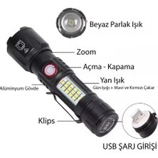 İlkyaz Fashion If WS-2828 Ultra USB Şarjlı Polis El Feneri, Bekçi, Asker El Feneri Kırmızı Mavi Çakarlı 1000 Lümen