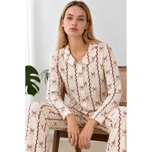 Fit Women Kadın Desenli Gömlek Yaka Kahve Pijama Takımı 4863