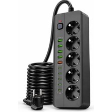 Vionna Pro P13 3000W Akım Korumalı Uzatma Grup Priz – 5 Soket, 5 Type-C, 4 Usb, 1 Qc 20W Hızlı Şarj Portu, Açma/kapama Düğmeli Uzatmalı Çoklu Priz, Siyah