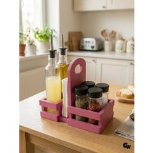 GOLDENWOODEN Ahşap Doğal Baharatlık Yağdanlık ve Peçetelik Takımı Kare(Set)(Ihlamur)(Pembe)