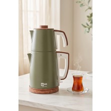 EGETÜRK Teadem Style Ahşap Görünümlü Çay Makinesi Çaycı 2000W 1.7l Kettle 1.2l Demlik 304 Çelik Gövde Neft Yeşili