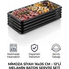 GuvenliPazar 12 Adet 16X35 cm Melamin Baton Servis Sunum Tabağı Makinede Yıkanabilir Dikdörtgen Mimoza Siyah