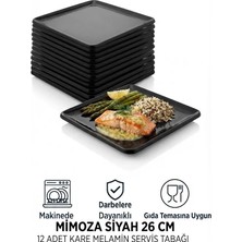 GuvenliPazar 12 Adet Kare Melamin Tatlı Servis Sunum Tabağı Makinede Yıkanabilir Mimoza Siyah 26 cm