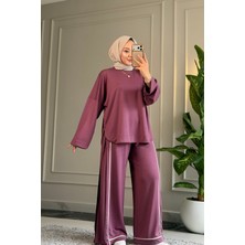 Suede Style 6498 - Şık Rahat Viskon Yumuşak Interlok Örgü Kumaş, Pantolon Şerit Detaylı Kadın Altüst Takım