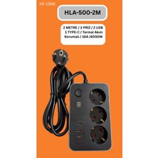 Hi-Link 3 Soketli 1xtypec+2xusb Girişli 2 Metre Kablolu Termal Akım Korumalı Priz