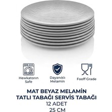 GuvenliPazar 12 Adet Mat Beyaz Melamin Tatlı Tabağı Servis Tabağı - Bulaşık Makinesinde Yıkanabilir 25 cm