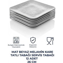 GuvenliPazar 12 Adet Mat Beyaz Kare Melamin Tatlı Tabağı Servis Tabağı - Bulaşık Makinesinde Yıkanabilir 26 cm