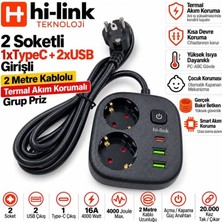 Hi-Link HLA-800-2S 2mt/2 Priz/2 Usb/1 Type-C/siyah/termal Akım Korumalı Priz 