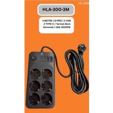 Hi-Link HLA-300-3 3 Metre 6 Priz 2 USB 2 Type-C Termal Akım Korumalı 16A 4000W
