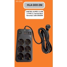Hi-Link HLA-300-2 2 Metre 6 Priz 2 USB 2 Type-C Termal Akım Korumalı 16A 4000W