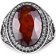 Kambo El Yapımı 925 Ayar Gümüş Erkek Doğal Garnet (Lal) Taşlı Işlemeli Yüzük - 11 gr