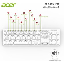 Acer OAK920 Q USB Beyaz 1.8mt Kablolu Klavye-Tek Tuş Hesap Makinalı (Sessiz Tuş)