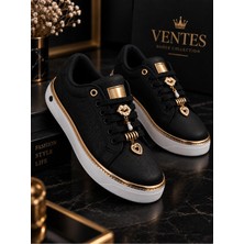 Ventes Kadın Kalın Taban Sneaker – Taş, Inci ve Kalp Aksesuar Detaylı Şık Günlük Spor Ayakkabı