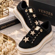 Ventes Kadın Taşlı Yıldız Detaylı Bağcıklı Gold Aksesuarlı Kalın Taban Sneaker Ayakkabı