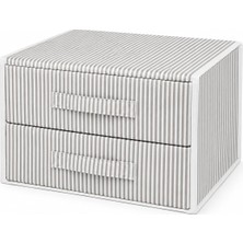 Humas 2 Çekmeceli Kumaş Organizer, 31 x 22 x 30 Cm, Gri-Beyaz Çizgili Dolap ve Raf Düzenleyici, Kulplu Saklama Ünitesi