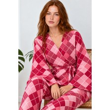 Kadın Kruvaze Kuşaklı Pembe Ikili Pijama Takımı 4802