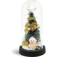 Hediye Sandalı Yılbaşı Temalı Işıklı Dekoratif Cam Fanus - Kar Küresi Efektli Mini Çam Ağacı , Geyik ve Noel Baba Figürlü Cam Fanus  (21 Cm)