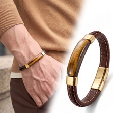 Moncuk Design Kaplan Gözü Titan Doğal Taşlı Deri Çelik Erkek Bileklik 33512B1D14